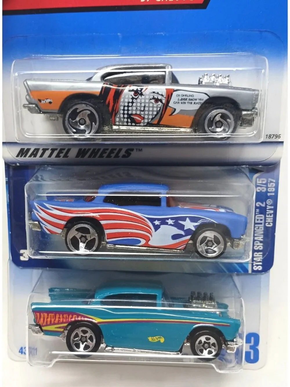 3 Hot Wheels 57 Chevy Die-Cast Cars Artistic License Star Spangled Blue New #D-3